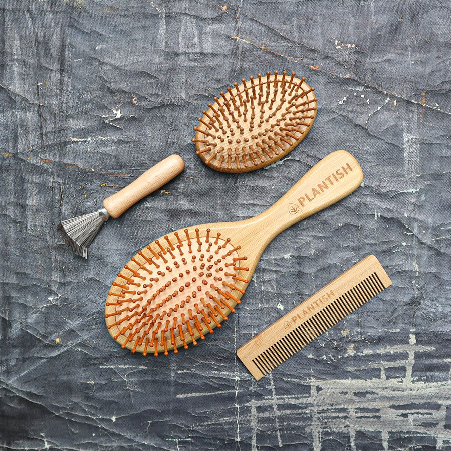 Renewable bamboo handles house soft natural bristles that stimulate scalp health. The dual brush kit brushes and combs hair smoothly on the go.