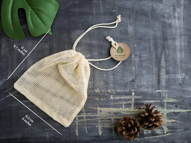 Plantish Future Home & Kitchen Set of 2 Organic Mesh Bags with Dimensions Top View