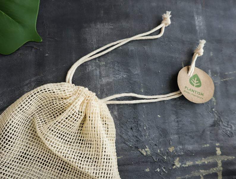 Plantish Future Home & Kitchen Set of 2 Organic Mesh Bags Plantish Label Close Up Top View