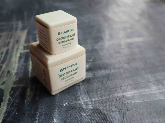Plantish Future Beauty and Bathroom Zero Waste 2 Deodorant Bars - Front View: Mini (1ounce) white Unscented deodorant bar on top of full (3.5ounce) white unscented deodorant bar)