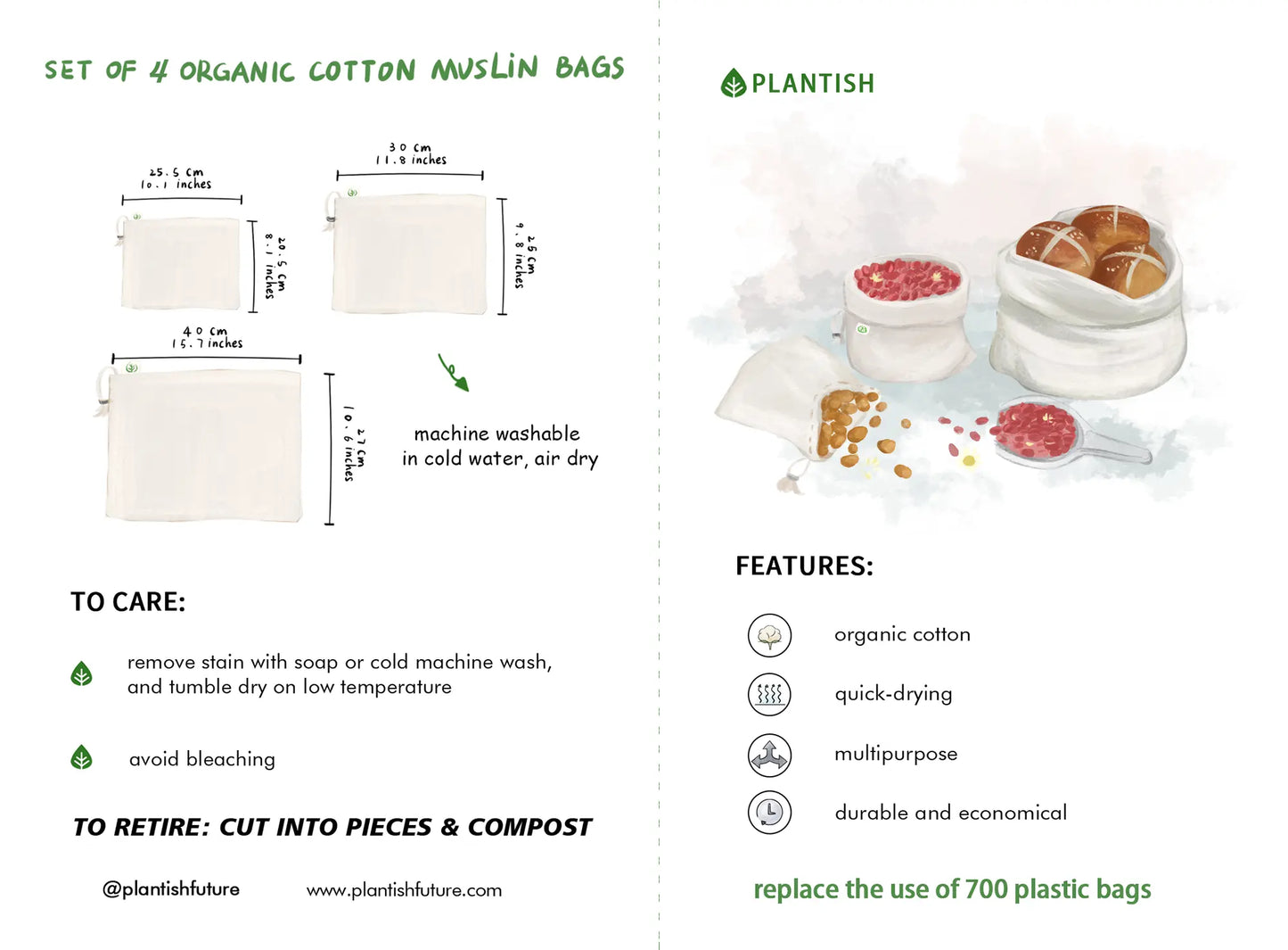 [BUY BULK] Set of 4 Organic Cotton Muslin Produce Bags